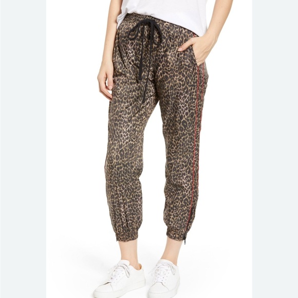 Pam & Gela Leopard Animal Print Track Pants Red Piping Size Medium Pockets NEW - Picture 1 of 14